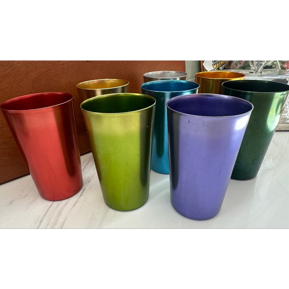 Vintage Set of 8 Anodized Aluminum Tumblers Multicolor MCM Bascal & Unmarked - Picture 10 of 13
